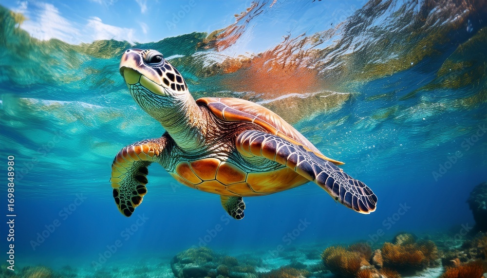 Fototapeta premium swimming sea turtle in clear ocean water underwater scene