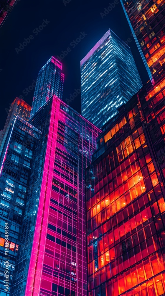 Obraz premium Modern skyscrapers with vibrant pink and red neon lights at night buildings city photo