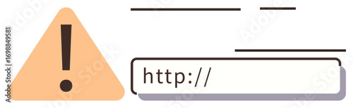 Triangular caution sign with exclamation mark, URL address box, and browser elements. Ideal for warning, alert, internet safety, cybersecurity, error handling, caution simple flat metaphor
