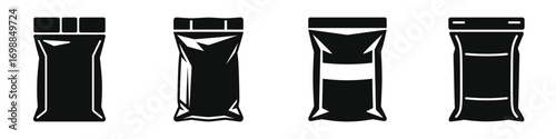 Snack Packaging Vector Icons Set – Black Silhouette Illustrations of Foil Pouch Bags for Chips, Candy, Snacks, and Food Packaging Design in Modern Flat Style