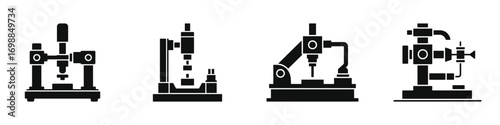 Industrial Drilling Machine Icons Set – Black Silhouette Vector Illustrations of Mechanical Equipment for Manufacturing, CNC, and Engineering Purposes