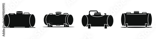 Industrial Storage Tank Vector Icons – Black Silhouette Illustrations of Fuel, Gas, and Liquid Storage Tanks for Manufacturing, Petrochemical, Energy, and Utility Infrastructure Designs