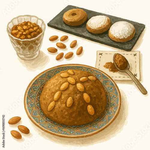 Watercolor painting shows Moroccan cookies sellou , creating a rustic, artisanal food illustration. Good for cookbooks, blog posts, or branding in the culinary industry.