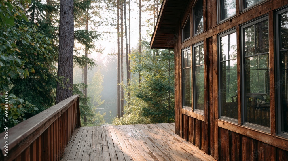 Fototapeta premium A Serene Morning View from a Cozy Wooden Cabin Deck Surrounded by Lush Trees and Misty Forests