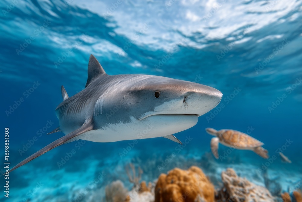 Naklejka premium Close-up of shark swimming in vibrant coral reef with sea turtle