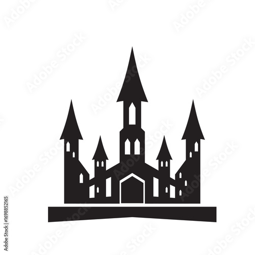 Stylized silhouette of a medieval gothic castle on a white background.