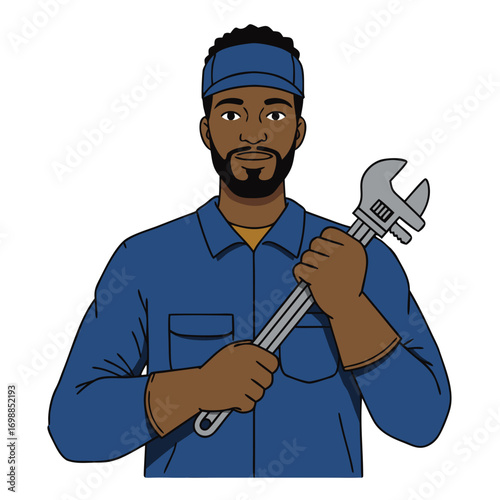 Smiling black man plumber holding wrench in blue uniform and cap, transparent background, vector 