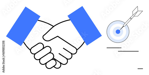 Two hands shaking to represent collaboration, and a dart hitting a target for goal attainment. Ideal for teamwork, business, success, partnership, agreement, aim achievement. Simple flat metaphor