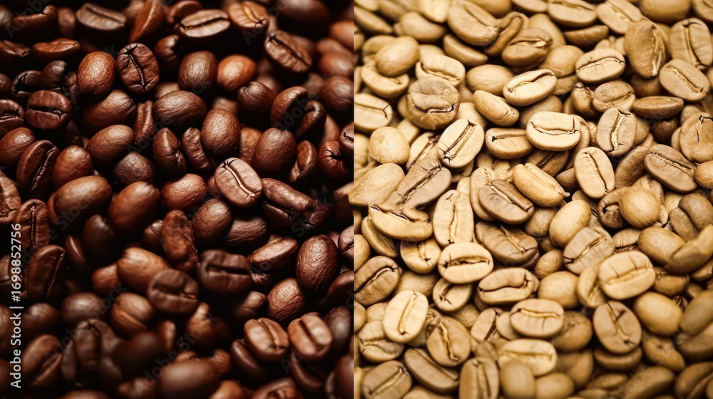 Fototapeta premium Detailed close-up of roasted dark coffee beans on one side and raw green coffee beans on the other, highlighting the rich textures and colors, perfect for coffee lovers and culinary uses