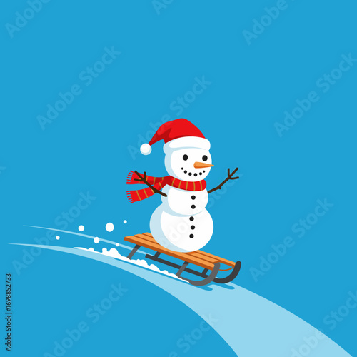 Snowman sliding on sled with joyful expression against blue background, vector  