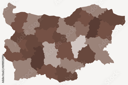 Map of Bulgaria with regions. Just a simple country border map with region division. Brown color palette. Blank Republic of Bulgaria shape with administrative division. Vector illustration.