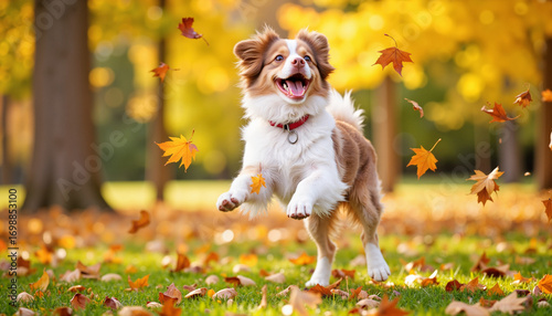 Wallpaper Mural Energetic dog leaping in autumn park, joyful playfulness Torontodigital.ca
