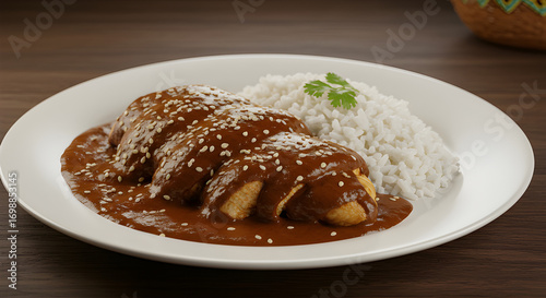 Mexican mole poblano with chicken, rice and sesame seeds. A rich, flavorful and visually stunning dish ideal for gourmet and cultural culinary photography.