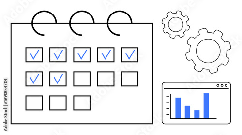 Calendar with checkmarks, gears symbolizing processes, and an analytics chart. Ideal for productivity, task management, workflow, project planning, performance tracking, automation simple landing