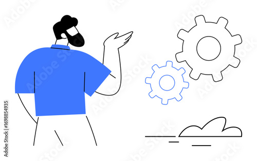 Bearded man in blue shirt pointing at gears, representing collaboration, workflow, innovation. Ideal for productivity, teamwork, engineering, planning, problem-solving creativity simple flat
