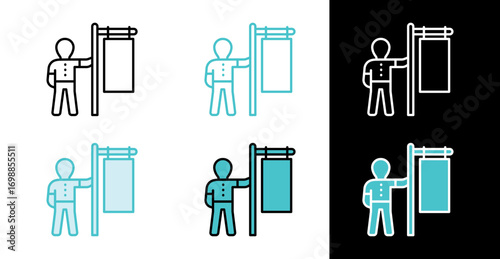 Person with an advertising sign for promotions and marketing icon in line and fill style