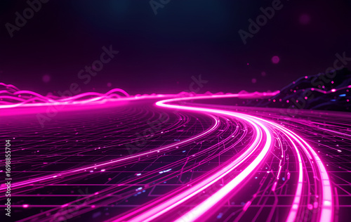 Streaming Data on a Pink Digital Road: AI Tech Concept in Motion