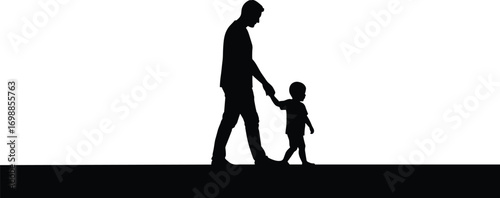 Silhouette of father holding child’s hand while walking, parenting concept, family bond, vector illustration for fatherhood, love, and care