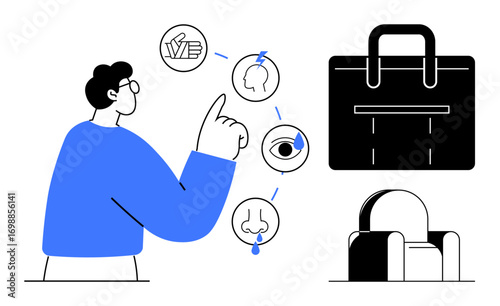 Person pointing at five senses icons touch, sight, smell, hearing, taste alongside a briefcase and a chair. Ideal for education, learning, perception, workplace ergonomics lifestyle minimalism