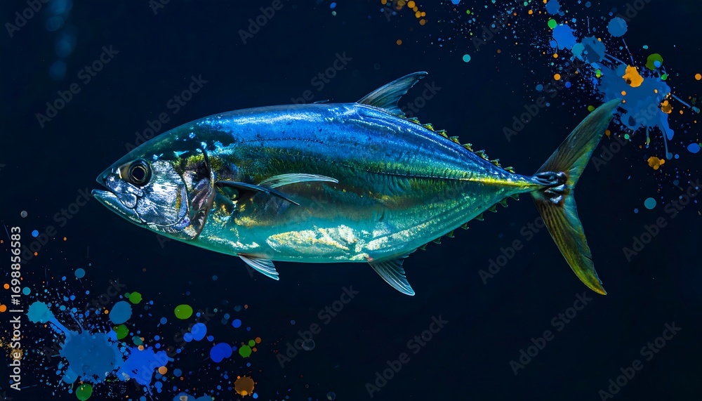 Fototapeta premium Vibrant tuna in dark water, colorful splashes