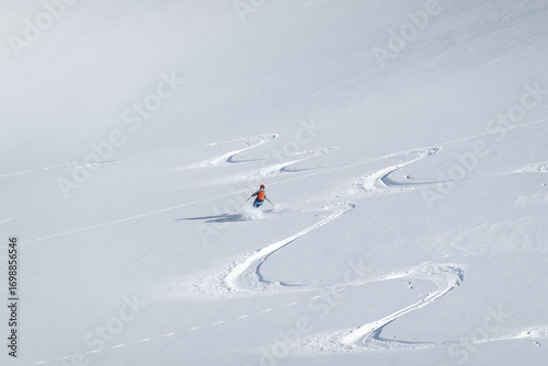 Billede på lærred Single offpiste skier making fresh tracks in powder snow