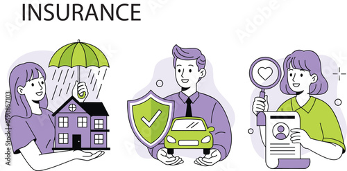 Insurance Vector Illustrations – Characters Presenting Vehicle, Life and Property Insurance Policies, Coverage, Protection, Safety and Risk Manage