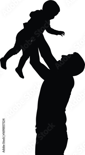 Silhouette of Father Lifting Child Up High, Loving Family Bond, Parenting Moment, Father and Baby, Joyful Interaction, Vector Illustration