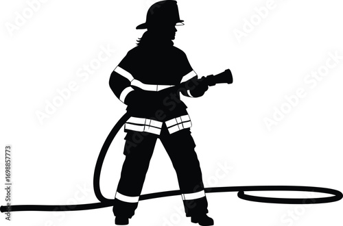 Silhouette of Female Firefighter Holding Fire Hose Ready for Action, Emergency Rescue, Fire Safety, Heroic Woman, Protective Gear, Courageous Service Vector