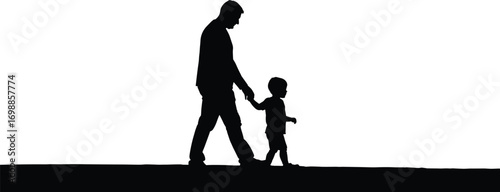 Silhouette of father walking with young child holding hands, parenting concept, family bond, togetherness, fatherhood moment, vector illustration.