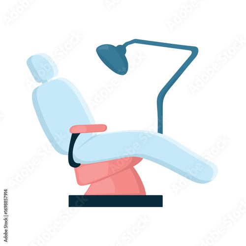 Stylized dental chair illustration with light blue seat, pink base, and overhead exam light. Ideal for dental clinic, healthcare, or medical equipment themes. Clean, modern, and isolated for easy use