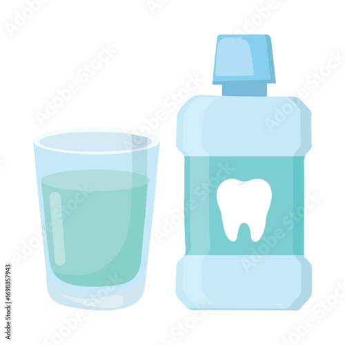 Mouthwash bottle with tooth icon and matching glass of blue-green rinse, isolated on dark background. Ideal for oral hygiene, fresh breath, and dental care product visuals in healthcare stock content