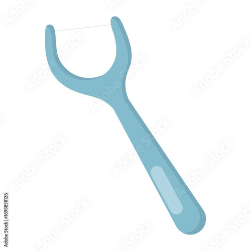 Dental floss pick with ergonomic blue handle and taut floss head, isolated on dark background. Ideal for oral hygiene, interdental cleaning, and dental care product illustrations