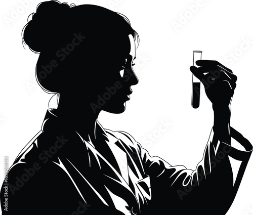 Silhouette of female scientist analyzing liquid in test tube, scientific research concept in laboratory, isolated vector illustration for science