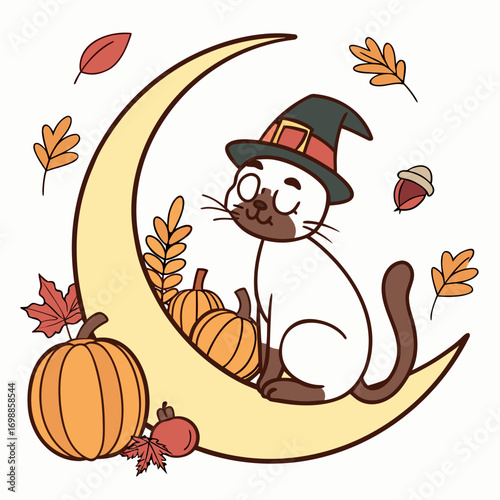 Delightful Silly Siamese in a Thanksgiving scene with sitting on a moon – Harvest Blessings vector illustration