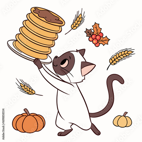 Cute Funny Siamese, accessorized with balancing a stack of pancakes, in a Thanksgiving world – Harvest Blessings palette vector