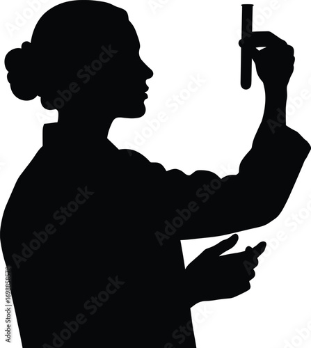 Silhouette of female scientist carefully examining test tube in laboratory experiment, science research concept, isolated vector illustration design