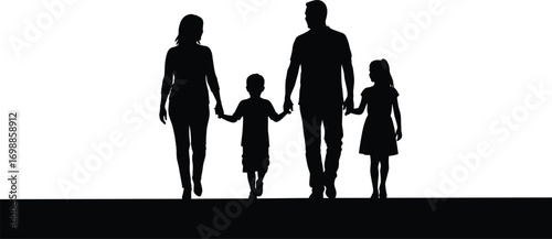Silhouette of happy family walking together holding hands, featuring mother, father, son, and daughter, symbolizing unity, love, and togetherness.