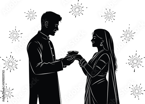 Silhouette of Indian couple exchanging Diwali diyas, celebrating festival of lights with traditional attire and festive fireworks background.