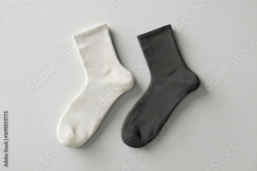 Two simple socks, one white, one dark gray, laid flat against a light gray background