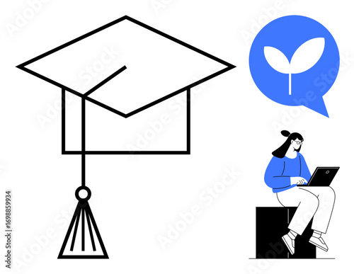 Graduation cap beside speech bubble with a sprout and a smiling student studying on a laptop. Ideal for education, growth, e-learning, success, achievement, online courses, personal development