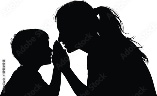 Silhouette of loving mother and young child sharing joyful moment, bonding, happiness, trust, communication, family love, emotional connection, and togetherness