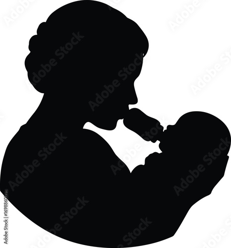 Silhouette of loving mother feeding baby with bottle, nurturing infant care, maternal bond, motherhood, tenderness, and family love concept illustration.