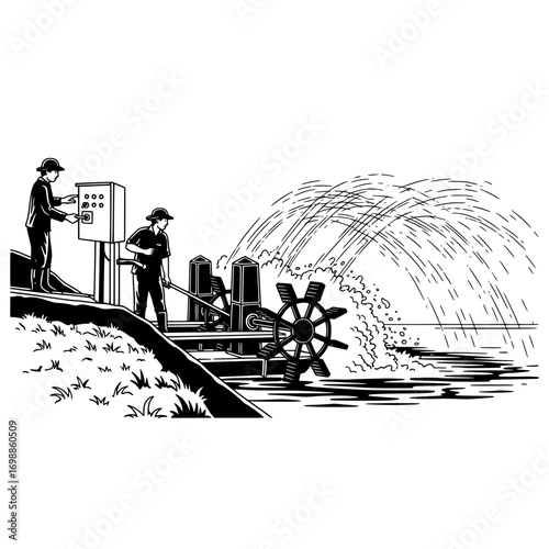 Farm irrigation water wheel pump with workers operating — vector silhouette illustration
Transparent background 