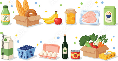 Isometric Supermarket Grocery Vector Illustrations – Vegetables, Eggs, Meat, Bread, Pasta and Other Fresh and Packaged Food, Healthy Eating