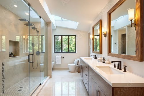 Elegant modern bathroom with wood cabinetry, glass shower, large mirrors, and skylights, set in a bright interior. Concept of home luxury. Ai generative