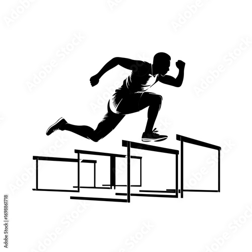 Athletic silhouette of a man leaping over hurdles during a race, showcasing speed and determination.