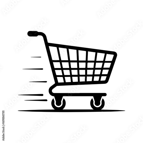 Speedy shopping cart illustration on white background, representing fast delivery and online shopping convenience.