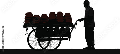 Silhouette of man pushing cart loaded with clay pots, traditional street vendor, marketplace scene, handmade pottery, cultural commerce vector.