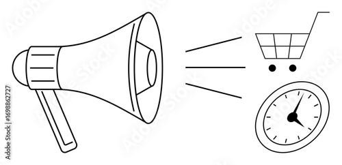 Megaphone projecting a cart and clock, representing marketing communication, e-commerce, time management, and decision-making. Ideal for advertising, sales, strategy, timing retail messaging