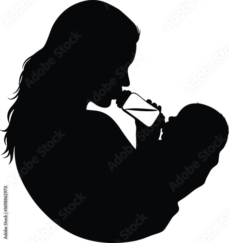 Silhouette of mother feeding baby with milk bottle in arms, maternal care, newborn love, parenting, motherhood, vector illustration.